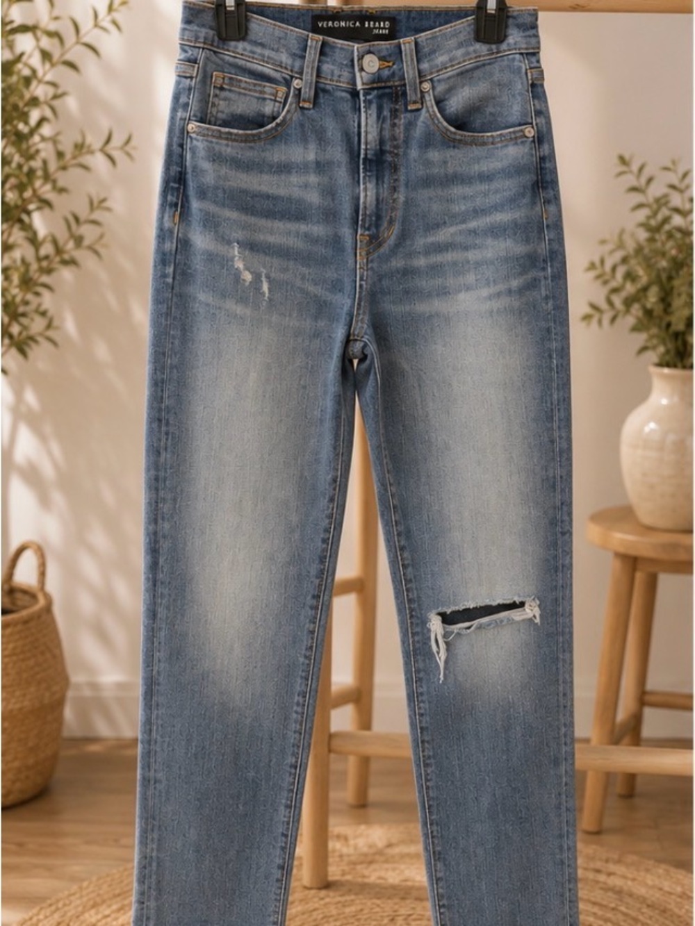 Veronica Beard ( RYLEIGH) Light Blue Distressed Slim Straight Jeans